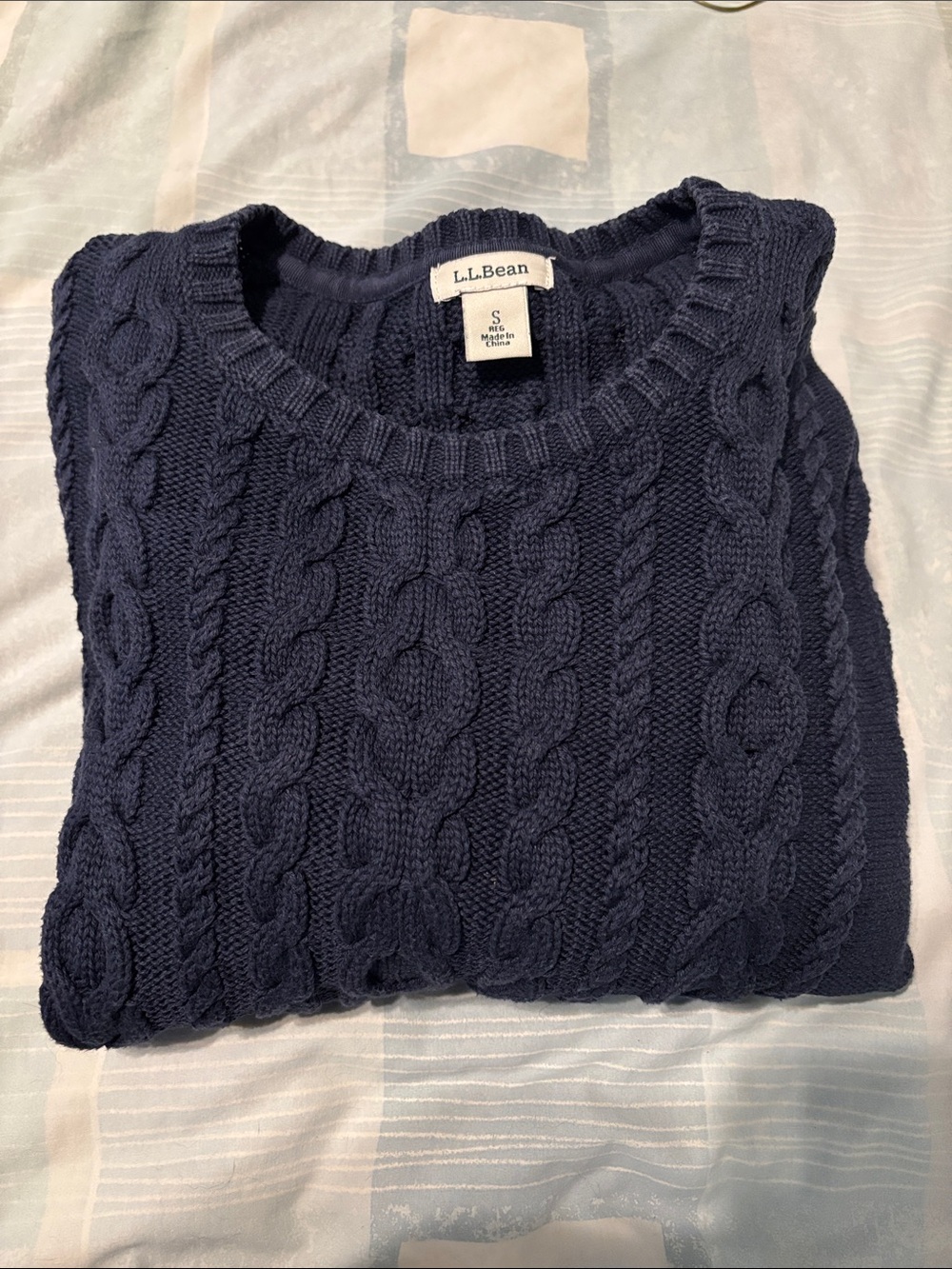 🟡 Women's L.L.Bean Double L 100% Cotton Cable Crewneck Sweater EUC Blue Size S
